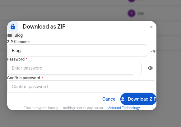 AstoundDrive password modal with AES-256 encryption strength meter